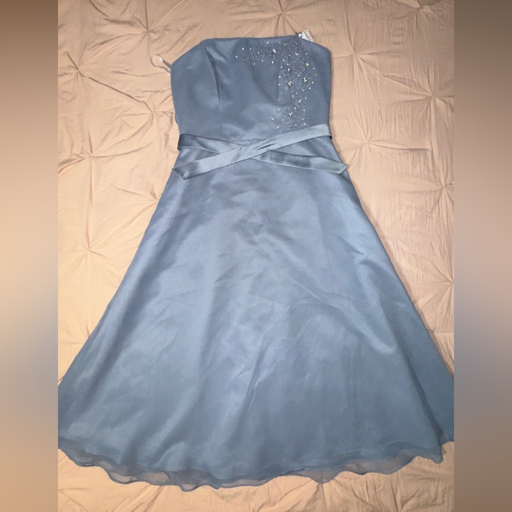 DaVinci Strapless Satin Dress in Soft Blue